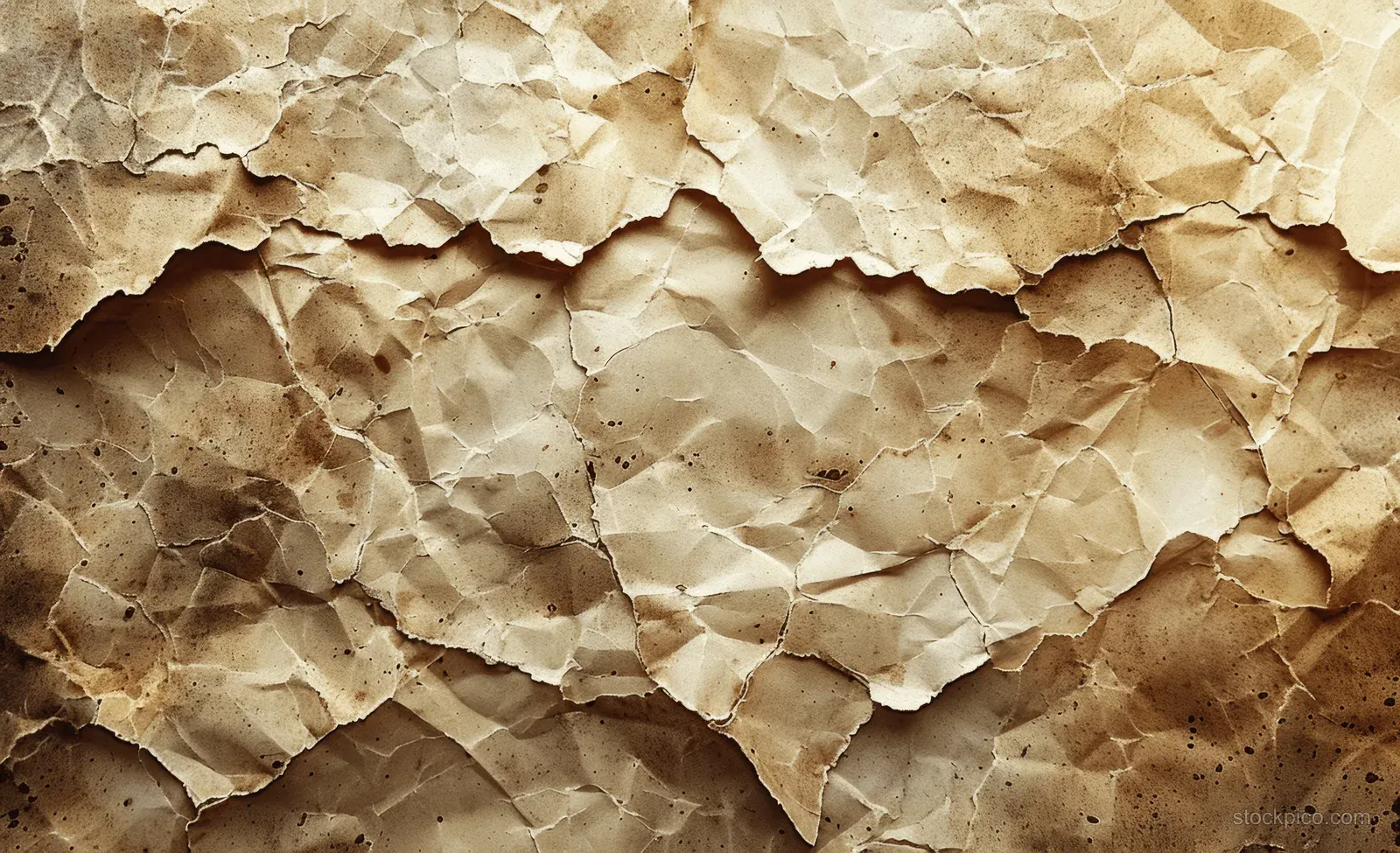 Beige vintage paper background showing torn edges, sepia stains, and creased rough fibers.