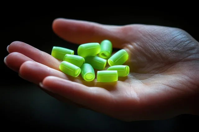 Open palm holds several small bright green capsules under soft light, showing skin texture against a dark background.