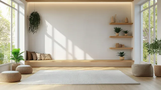 Minimalist living room interior with wall-mounted TV, floating wooden shelves, and warm light by large windows.