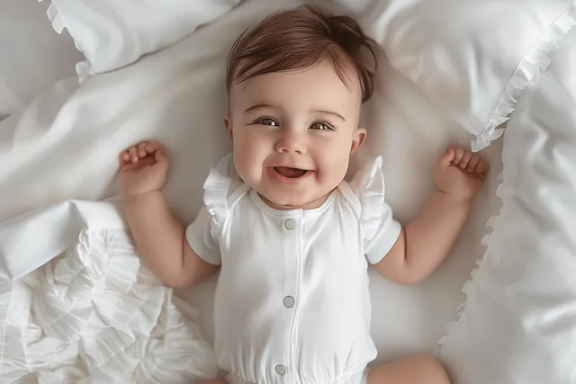 Smiling baby girl in white bodysuit lying on bed, top view with copy space with Greeting Card Design