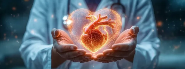 Doctor holding glowing digital heart hologram with pulse light effect on blue background