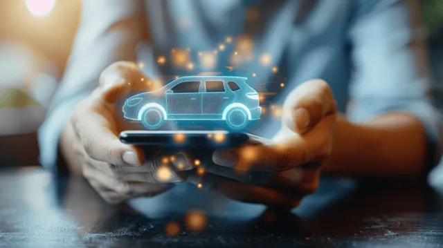 A man holds a smartphone with a glowing car icon hovering above the display.