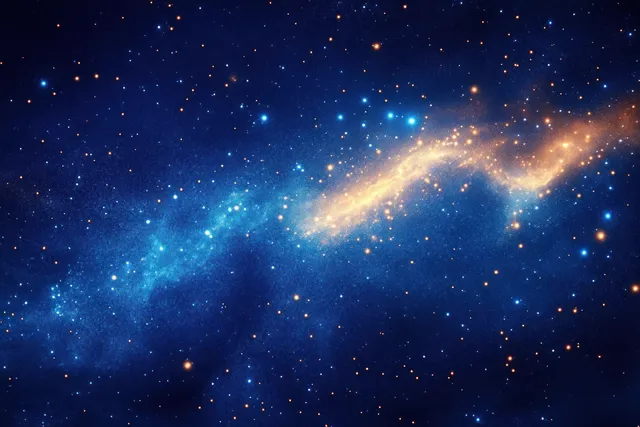 Blue and orange glowing nebulae swirl through a star-filled spiral galaxy in deep space darkness.