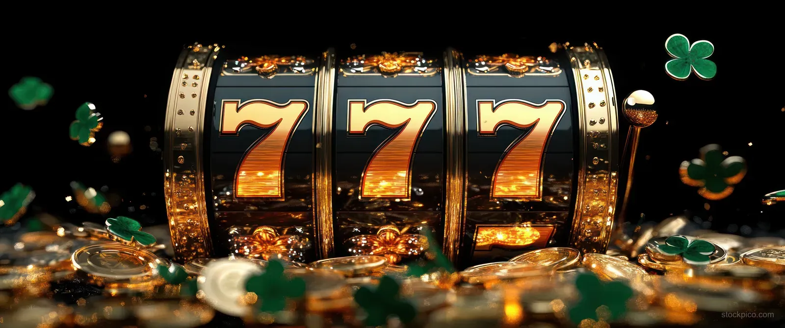 Golden 777 slot machine spilling coins with green clover leaves around it under a spotlight.
