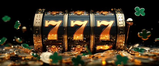 Golden 777 slot machine spilling coins with green clover leaves around it under a spotlight.