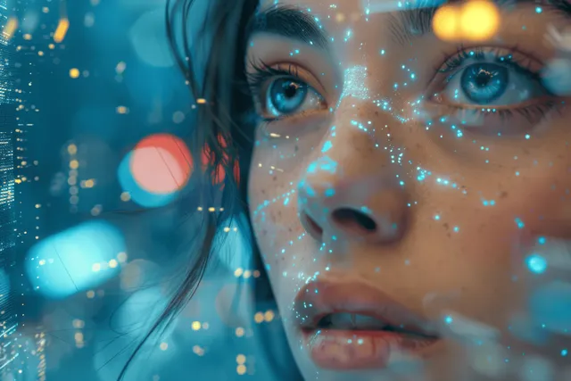Close-up portrait of a young woman with blue eyes and glowing digital data lights