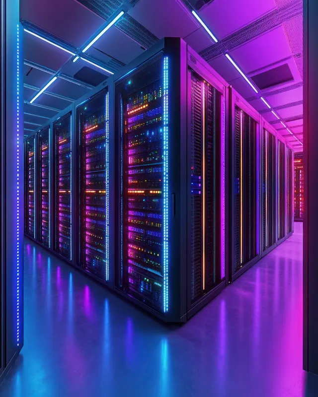 Futuristic server room aisle with neon-lit racks glowing in blue, purple, and pink
