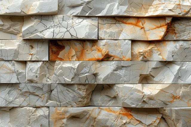 Beige stacked stone wall panels with visible cracks and small orange mineral speckles.