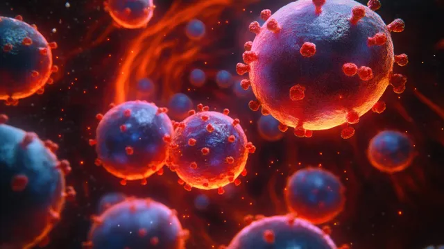 Red and blue measles-like virus particles floating through glowing bloodstream background