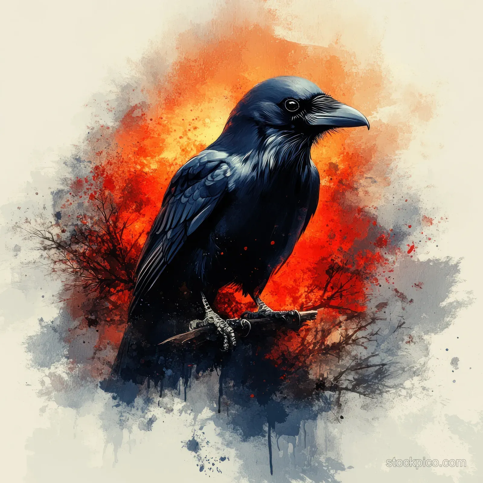 A watercolor illustration of a raven with soft brush strokes and a dramatic fiery splash background.