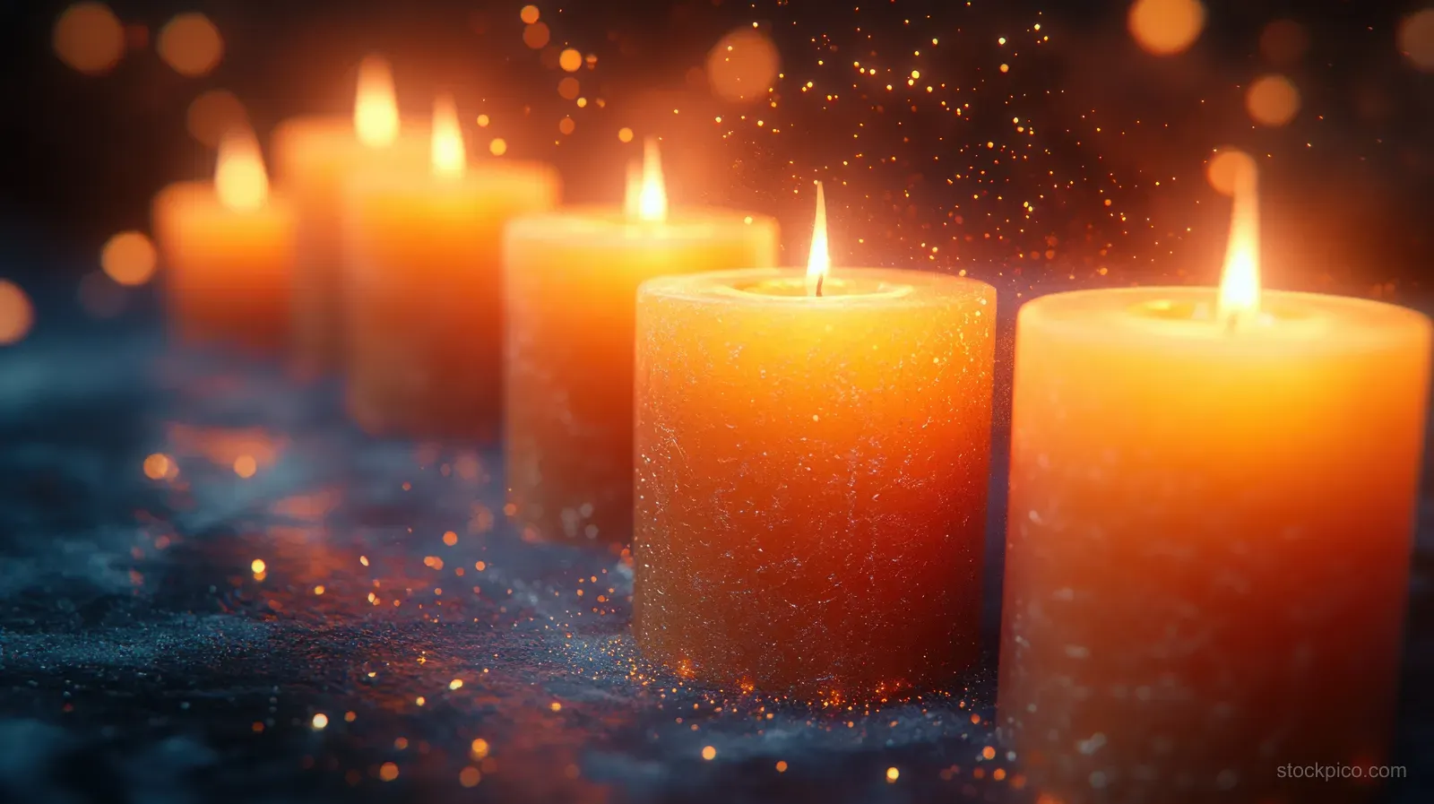 Flickering candle flames glow in a dark scene with warm bokeh lights in the background.