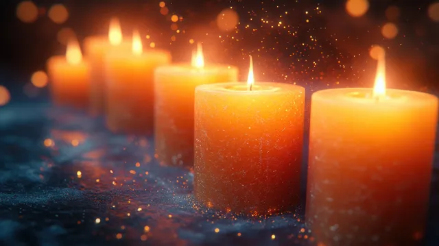 Glowing candles at All Saints Day, flickering flames with soft bokeh lights in darkness
