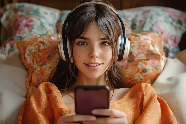 A young woman wearing headphones lounges on a bed with floral pillows, smiling while holding a smartphone.