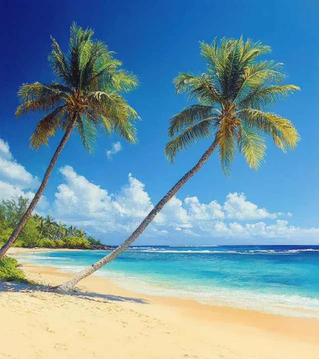 Two palm trees lean over a bright tropical beach with turquoise waves and blue sky
