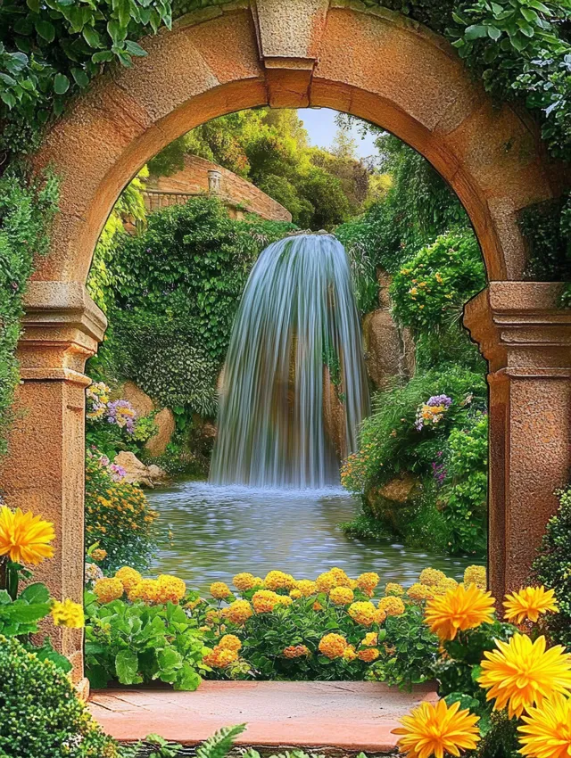 Arched stone window view of a waterfall cascading into a garden filled with green plants and yellow flowers.