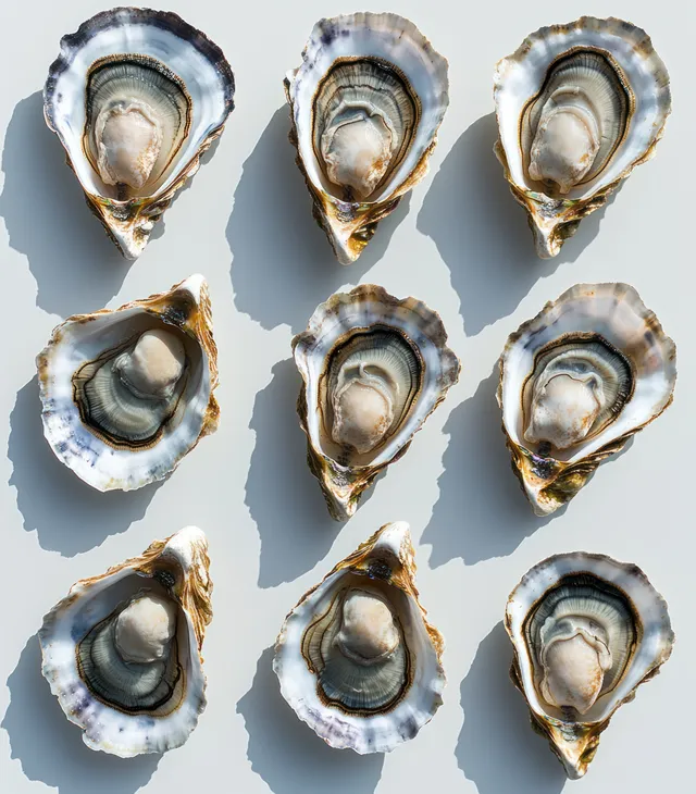 Nine opened oysters arranged in a grid on a white surface, showing textured shells and soft interiors.