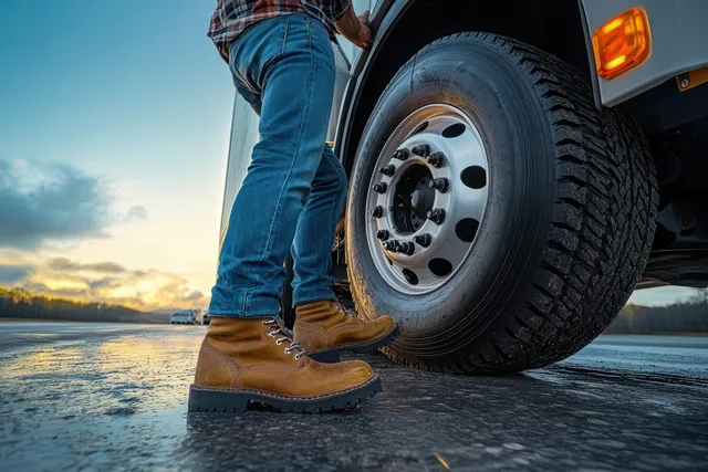 Brown boots and blue jeans stand beside a large truck tire on a wet road with cloudy evening light.