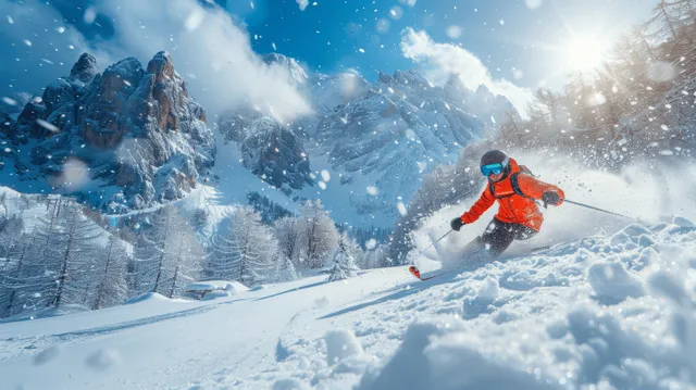 Orange-jacket skier carving down a snowy mountain slope as sunlit peaks and snow spray surround them.