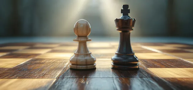 A white pawn and black knight placed on a wooden chessboard under soft spotlight lighting.