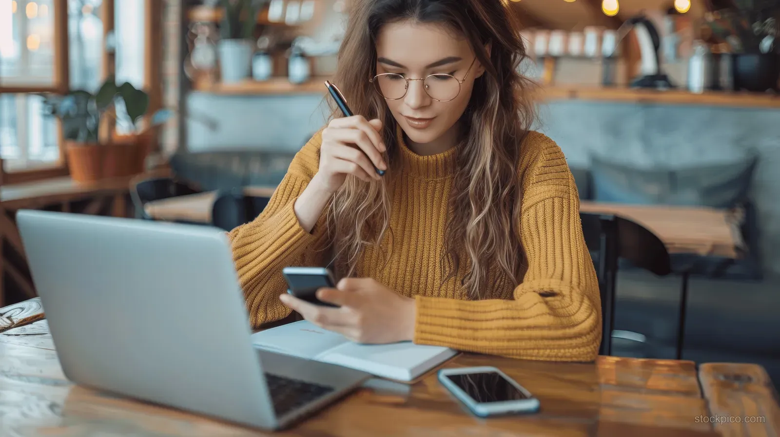 Young woman studies online with a laptop open, holding a smartphone, and writing notes in a café.