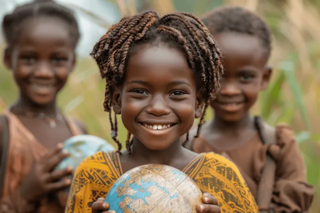 Smiling children outdoors hold a globe, with braided hair and yellow patterned clothing in view.