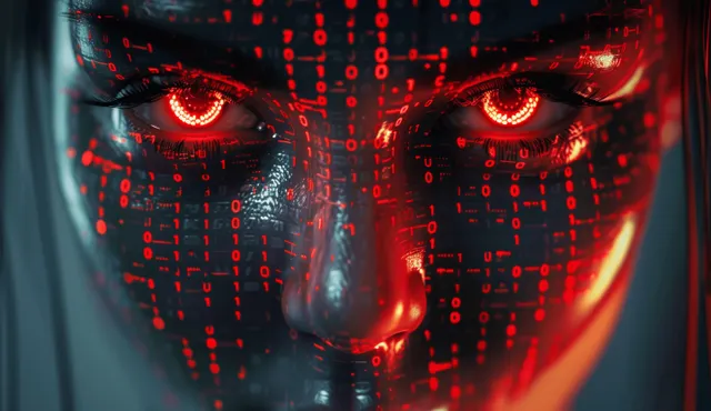 A cyberpunk 3D face with red glowing eyes surrounded by floating binary code and dark data patterns.