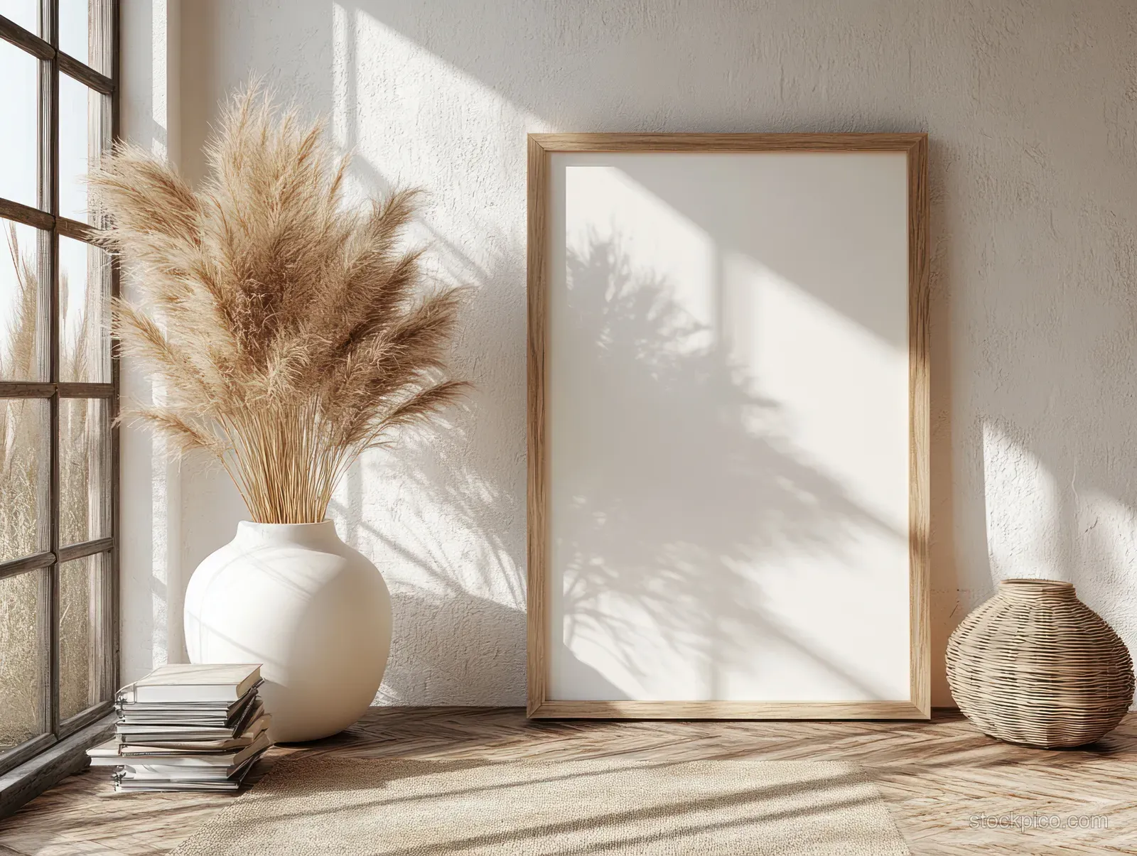 Vertical picture frame mockup on a neutral shelf with dried grass in a white vase and stacked books.