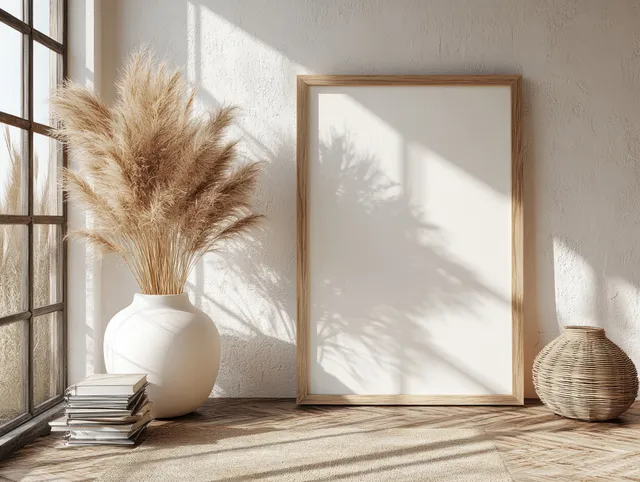 Vertical picture frame mockup on a neutral shelf with dried grass in a white vase and stacked books.