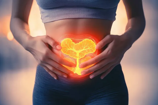 Woman holding her lower abdomen with a glowing bladder graphic suggesting urinary health symptoms.