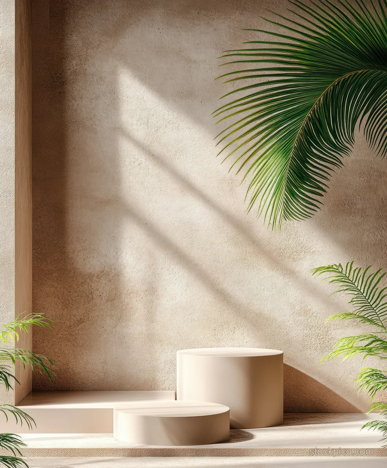 Beige podium blocks on a neutral stage with tropical palm leaves and soft shadows on a beige wall.