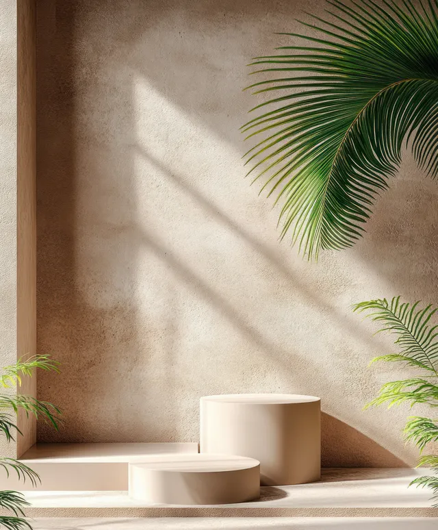 Minimalist podium still life with tropical palm leaves on beige background and soft shadows