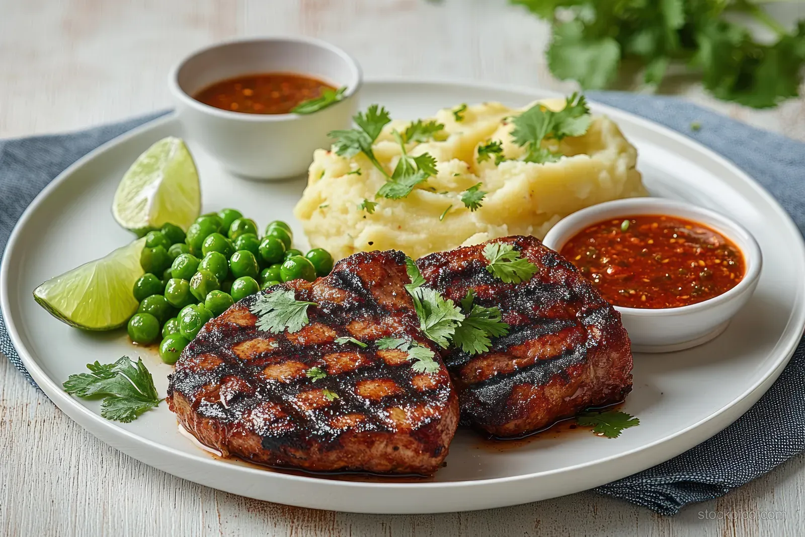 Grilled steak on a white plate with mashed potatoes, green peas, lime wedges, cilantro, and two bowls of spicy red sauce.