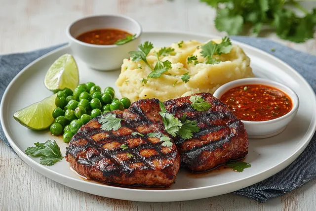 Grilled steak on a white plate with mashed potatoes, green peas, lime wedges, cilantro, and two bowls of spicy red sauce.