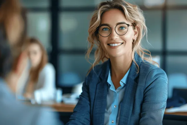 Middle-aged businesswoman in a blue blazer leading a team meeting at a boardroom table with colleagues blurred behind her