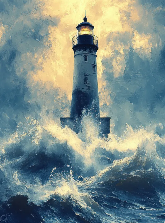 Dramatic lighthouse standing in stormy blue ocean as waves crash and foam erupts