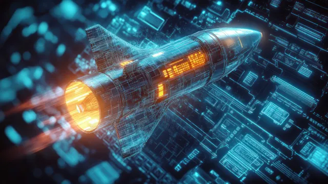 Futuristic rocket launching over a glowing blue neon circuit board with bright orange light at the engine.