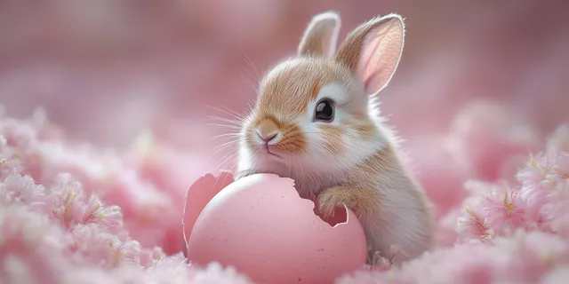 A cute rabbit peeks out of a cracked pink egg on a soft pastel Easter flower background.