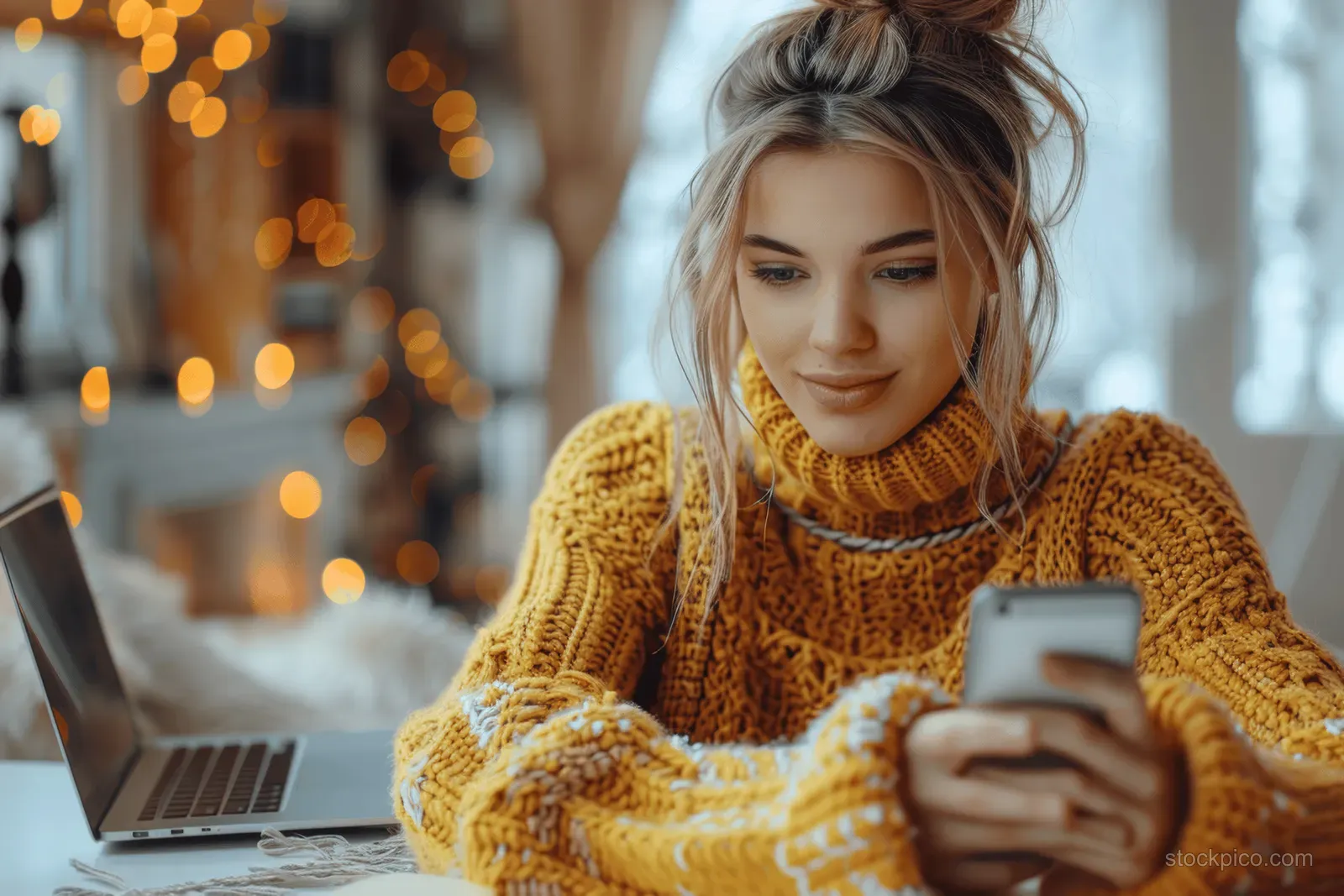 A young woman in a sweater looks at her smartphone beside an open laptop at a desk.