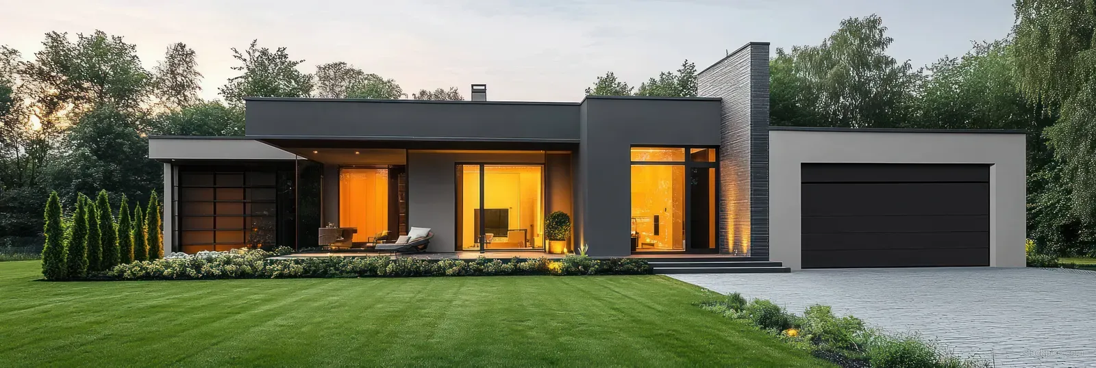 Warmly lit modern minimalist house exterior with glowing windows, a garage, and a manicured green lawn at dusk.