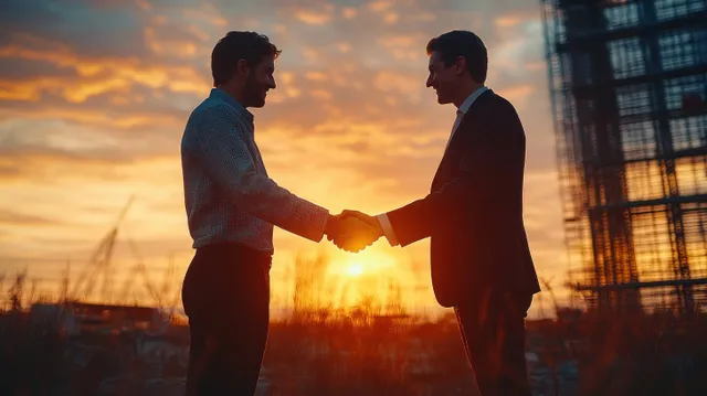 Architect and client shake hands at a construction site during sunset with scaffolding in the background.