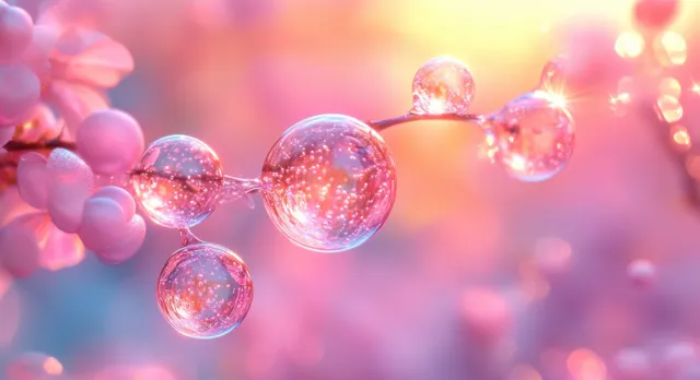Translucent pink bubbles with sparkling particles float like skincare droplets over a warm glowing background.