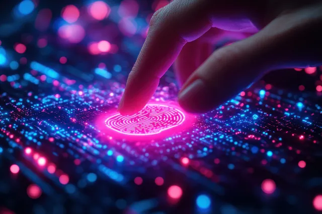Hand places fingerprint on glowing biometric scanner for secure digital authentication