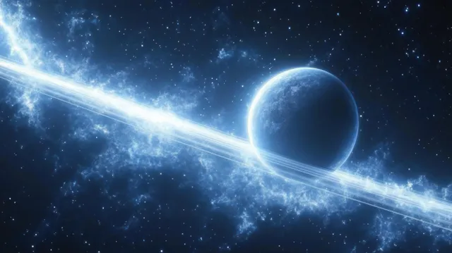 Glowing blue planet with a bright icy ring slicing through starry deep space with Digital Illustration