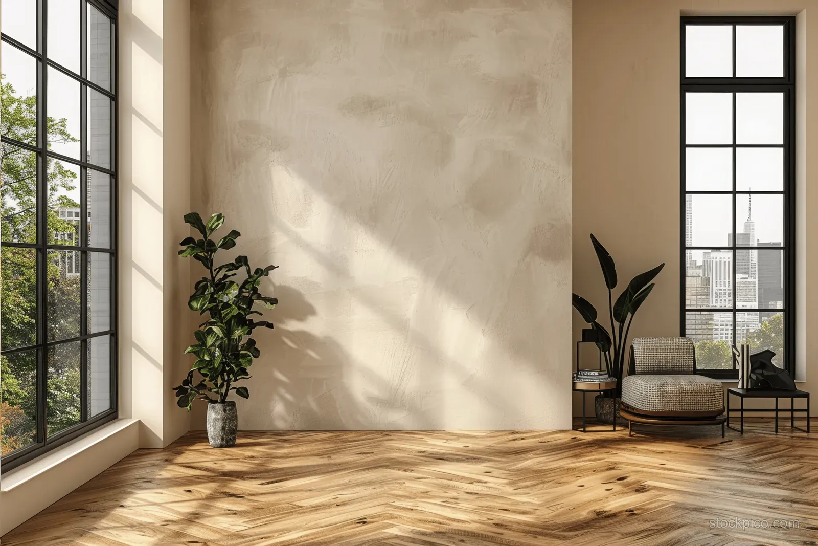 Minimalist living room interior with beige wall, wood floor, black window frames, and potted plants by seating.