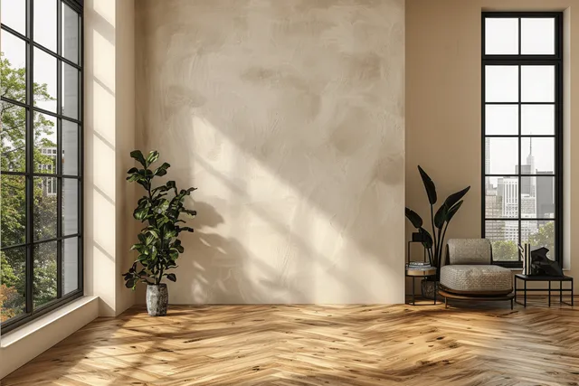 Minimal living room interior with beige stucco wall, wood floor, black frames, potted plants