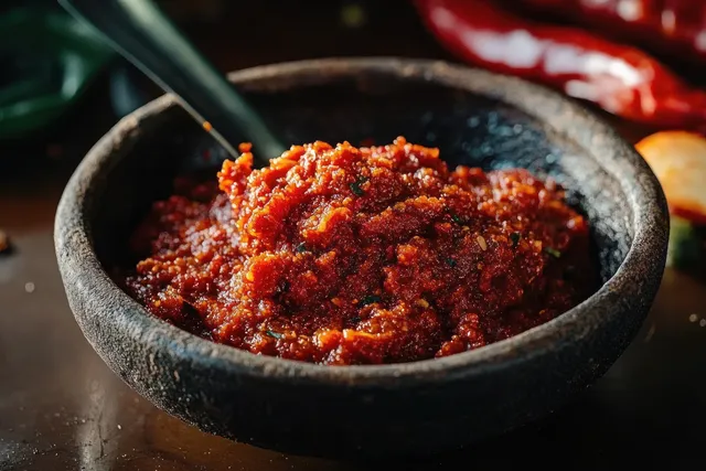 Bowl of spicy Indonesian chili-onion garlic sauce with coarse red texture