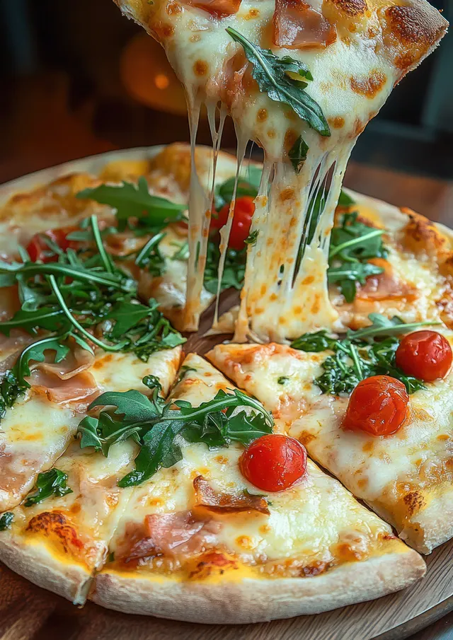 Cheese-pulled pizza slice over arugula and cherry tomatoes on a rustic wooden table