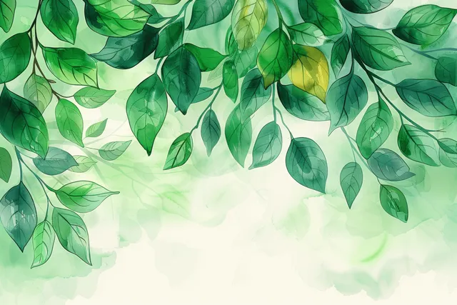 Overlapping watercolor green leaves frame a soft light spring background with subtle paper wash texture.