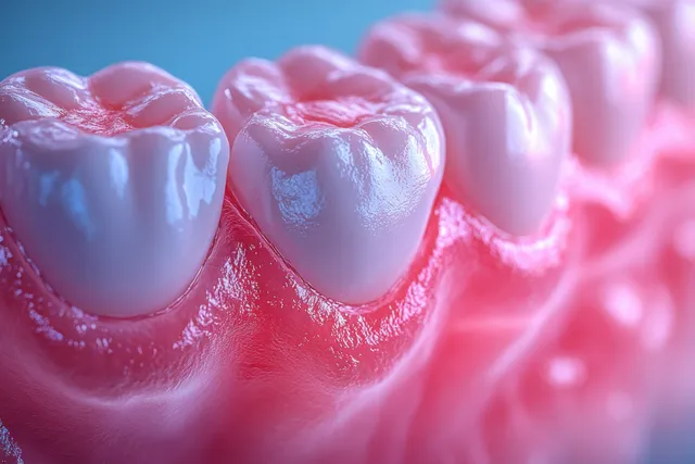 Macro dental scene showing red inflamed gums around teeth with visible gum recession texture.