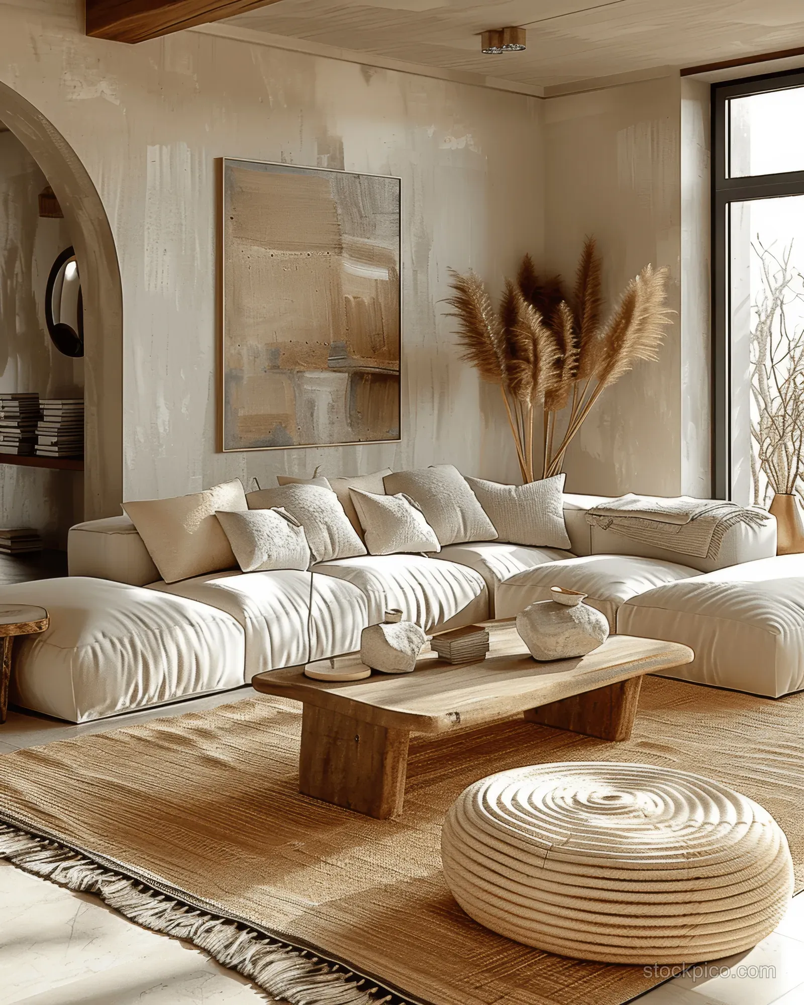 Sunlit boho living room with a low white sofa, wooden coffee table, woven floor cushions, and framed wall art.